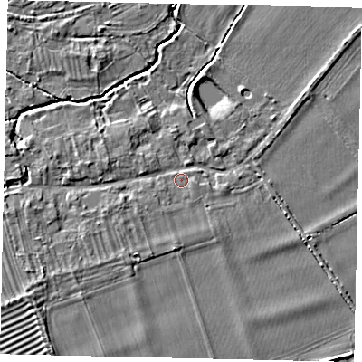 Shaded relief map of the ground around PE94QR, computed from Environment Agency LiDAR. The ground here sits at about 12 m above sea level and falls 4 m across the surrounding 800 m. Surface water reaching this point runs off ground lying to the south, 2.2 m higher.
