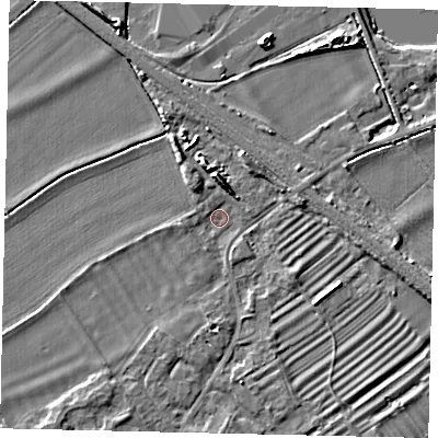 Shaded relief map of the ground around PE94RF, computed from Environment Agency LiDAR. The ground here sits at about 14 m above sea level and falls 6 m across the surrounding 800 m. Surface water reaching this point runs off ground lying to the south-west, 2.6 m higher.