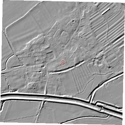 Shaded relief map of the ground around PE94RG, computed from Environment Agency LiDAR. The ground here sits at about 15 m above sea level and falls 6 m across the surrounding 800 m. Surface water reaching this point runs off ground lying to the east-north-east, 1.0 m higher.