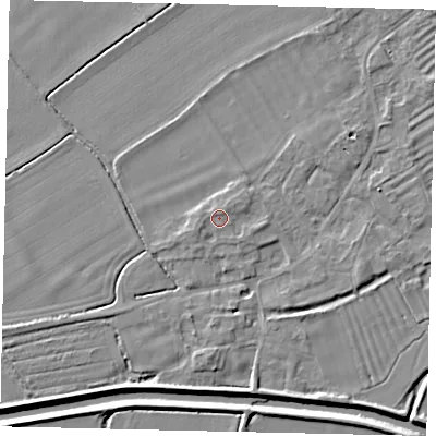 Shaded relief map of the ground around PE94RH, computed from Environment Agency LiDAR. The ground here sits at about 15 m above sea level and falls 5 m across the surrounding 800 m. Surface water reaching this point runs off ground lying to the north-north-east, 0.5 m higher.