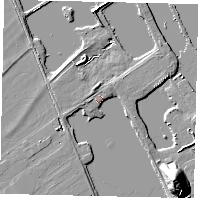 Shaded relief map of the ground around PE94RJ, computed from Environment Agency LiDAR. The ground here sits at about 13 m above sea level and falls 20 m across the surrounding 800 m. Surface water reaching this point runs off ground lying to the west, 0.9 m higher.