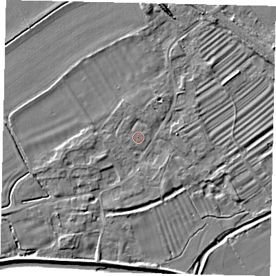 Shaded relief map of the ground around PE94RP, computed from Environment Agency LiDAR. The ground here sits at about 15 m above sea level and falls 5 m across the surrounding 800 m. The ground contributing surface water to this point lies to the west.