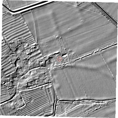 Shaded relief map of the ground around PE94RQ, computed from Environment Agency LiDAR. The ground here sits at about 12 m above sea level and falls 6 m across the surrounding 800 m. Surface water reaching this point runs off ground lying to the south-east, 2.1 m higher.