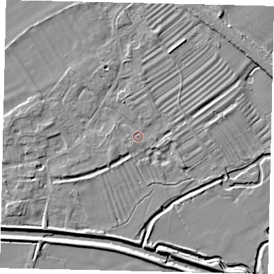 Shaded relief map of the ground around PE94RR, computed from Environment Agency LiDAR. The ground here sits at about 14 m above sea level and falls 6 m across the surrounding 800 m. Surface water reaching this point runs off ground lying to the west-south-west, 2.0 m higher.