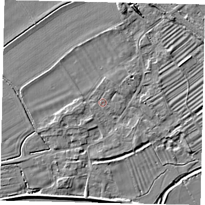 Shaded relief map of the ground around PE94RS, computed from Environment Agency LiDAR. The ground here sits at about 15 m above sea level and falls 5 m across the surrounding 800 m. Surface water reaching this point runs off ground lying to the west-south-west, 1.4 m higher.