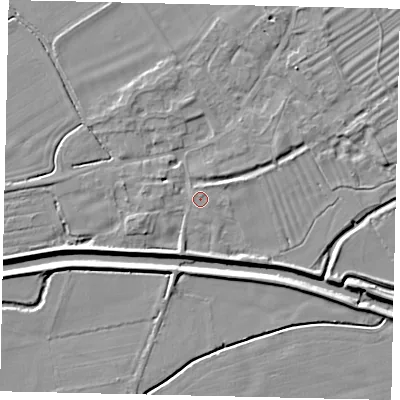 Shaded relief map of the ground around PE94RT, computed from Environment Agency LiDAR. The ground here sits at about 15 m above sea level and falls 6 m across the surrounding 800 m. Surface water reaching this point runs off ground lying to the north, 0.5 m higher.
