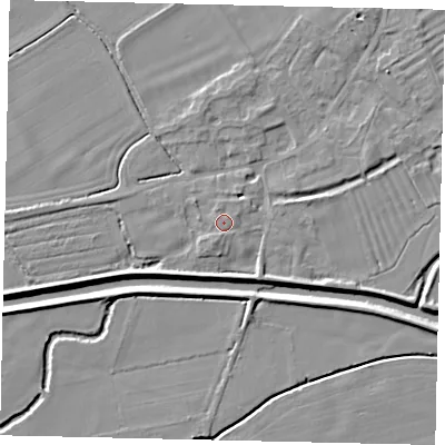 Shaded relief map of the ground around PE94RU, computed from Environment Agency LiDAR. The ground here sits at about 16 m above sea level and falls 5 m across the surrounding 800 m. Surface water reaching this point runs off ground lying to the north-north-west, 0.6 m higher.