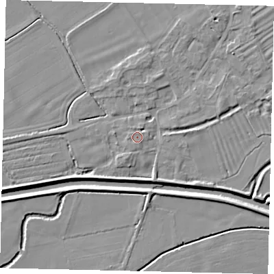 Shaded relief map of the ground around PE94RW, computed from Environment Agency LiDAR. The ground here sits at about 15 m above sea level and falls 5 m across the surrounding 800 m. Surface water reaching this point runs off ground lying to the west, 0.6 m higher.