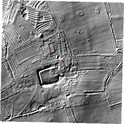Shaded relief map of the ground around PE94RX, computed from Environment Agency LiDAR. The ground here sits at about 22 m above sea level and falls 13 m across the surrounding 800 m. Surface water reaching this point runs off ground lying to the west, 1.1 m higher.