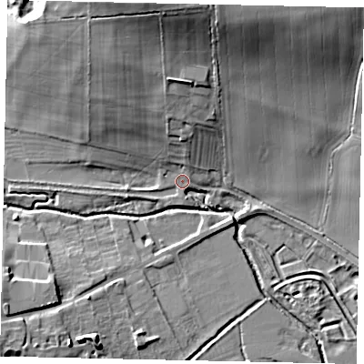 Shaded relief map of the ground around PE94TF, computed from Environment Agency LiDAR. The ground here sits at about 22 m above sea level and falls 25 m across the surrounding 800 m. Surface water reaching this point runs off ground lying to the north, 11.9 m higher.