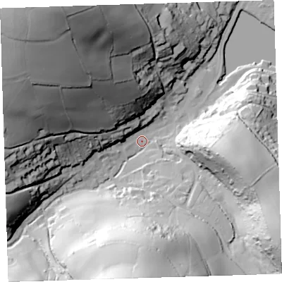 Shaded relief map of the ground around PL101AA, computed from Environment Agency LiDAR. The ground here sits at about 5 m above sea level and falls 94 m across the surrounding 800 m. Surface water reaching this point runs off ground lying to the north-west, 89.9 m higher.