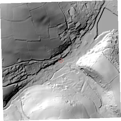 Shaded relief map of the ground around PL101AF, computed from Environment Agency LiDAR. The ground here sits at about 5 m above sea level and falls 94 m across the surrounding 800 m. Surface water reaching this point runs off ground lying to the north-west, 90.4 m higher.