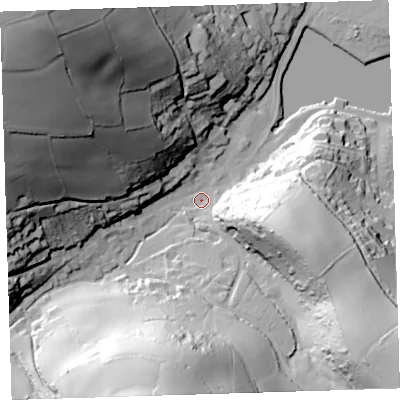 Shaded relief map of the ground around PL101AG, computed from Environment Agency LiDAR. The ground here sits at about 4 m above sea level and falls 94 m across the surrounding 800 m. Surface water reaching this point runs off ground lying to the north-west, 90.6 m higher.