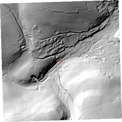Shaded relief map of the ground around PL101AH, computed from Environment Agency LiDAR. The ground here sits at about 13 m above sea level and falls 88 m across the surrounding 800 m. Surface water reaching this point runs off ground lying to the south-west, 79.3 m higher.