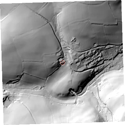 Shaded relief map of the ground around PL101AJ, computed from Environment Agency LiDAR. The ground here sits at about 46 m above sea level and falls 81 m across the surrounding 800 m. Surface water reaching this point runs off ground lying to the north-west, 38.3 m higher.