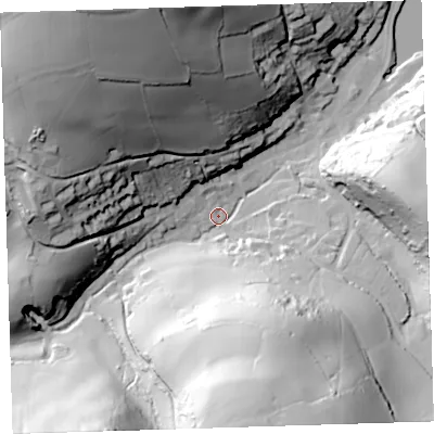 Shaded relief map of the ground around PL101AL, computed from Environment Agency LiDAR. The ground here sits at about 8 m above sea level and falls 87 m across the surrounding 800 m. Surface water reaching this point runs off ground lying to the north-west, 78.9 m higher.