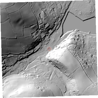 Shaded relief map of the ground around PL101AS, computed from Environment Agency LiDAR. The ground here sits at about 3 m above sea level and falls 93 m across the surrounding 800 m. Surface water reaching this point runs off ground lying to the west-north-west, 84.3 m higher.