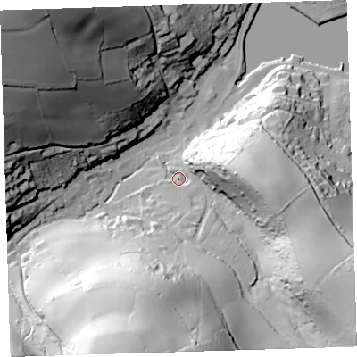 Shaded relief map of the ground around PL101AW, computed from Environment Agency LiDAR. The ground here sits at about 8 m above sea level and falls 91 m across the surrounding 800 m. Surface water reaching this point runs off ground lying to the south-south-west, 73.0 m higher.