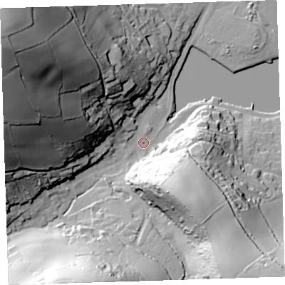 Shaded relief map of the ground around PL101AX, computed from Environment Agency LiDAR. The ground here sits at about 3 m above sea level and falls 91 m across the surrounding 800 m. Surface water reaching this point runs off ground lying to the west-north-west, 79.8 m higher.