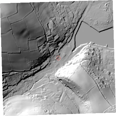 Shaded relief map of the ground around PL101AY, computed from Environment Agency LiDAR. The ground here sits at about 3 m above sea level and falls 93 m across the surrounding 800 m. Surface water reaching this point runs off ground lying to the west-north-west, 84.9 m higher.