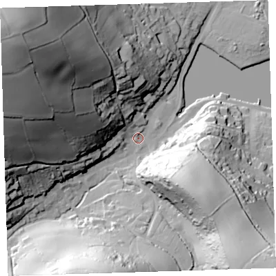 Shaded relief map of the ground around PL101AZ, computed from Environment Agency LiDAR. The ground here sits at about 3 m above sea level and falls 94 m across the surrounding 800 m. Surface water reaching this point runs off ground lying to the west-north-west, 87.3 m higher.