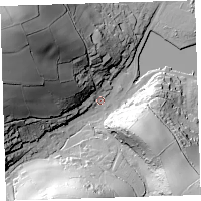 Shaded relief map of the ground around PL101BA, computed from Environment Agency LiDAR. The ground here sits at about 3 m above sea level and falls 94 m across the surrounding 800 m. Surface water reaching this point runs off ground lying to the west-north-west, 89.4 m higher.
