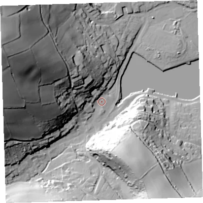 Shaded relief map of the ground around PL101BY, computed from Environment Agency LiDAR. The ground here sits at about 3 m above sea level and falls 89 m across the surrounding 800 m. Surface water reaching this point runs off ground lying to the west-north-west, 86.5 m higher.