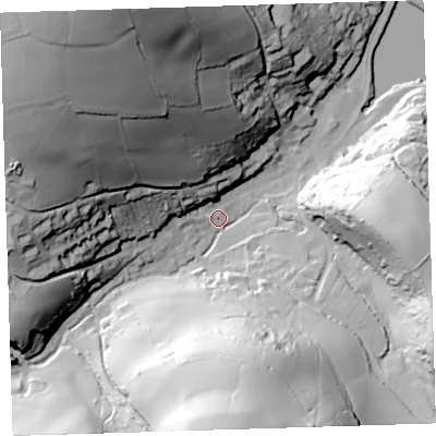 Shaded relief map of the ground around PL101DD, computed from Environment Agency LiDAR. The ground here sits at about 8 m above sea level and falls 92 m across the surrounding 800 m. Surface water reaching this point runs off ground lying to the north-west, 87.2 m higher.