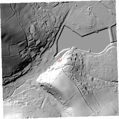 Shaded relief map of the ground around PL101DE, computed from Environment Agency LiDAR. The ground here sits at about 5 m above sea level and falls 76 m across the surrounding 800 m. Surface water reaching this point runs off ground lying to the east-south-east, 23.4 m higher.