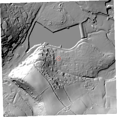 Shaded relief map of the ground around PL101DH, computed from Environment Agency LiDAR. The ground here sits at about 9 m above sea level and falls 65 m across the surrounding 800 m. Surface water reaching this point runs off ground lying to the west-south-west, 13.8 m higher.