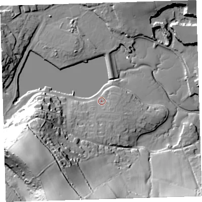 Shaded relief map of the ground around PL101DP, computed from Environment Agency LiDAR. The ground here sits at about 4 m above sea level and falls 59 m across the surrounding 800 m. Surface water reaching this point runs off ground lying to the south, 8.8 m higher.