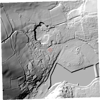 Shaded relief map of the ground around PL101EF, computed from Environment Agency LiDAR. The ground here sits at about 8 m above sea level and falls 77 m across the surrounding 800 m. Surface water reaching this point runs off ground lying to the west-north-west, 7.4 m higher.