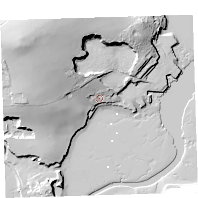 Shaded relief map of the ground around PL101EZ, computed from Environment Agency LiDAR. The ground here sits at about 8 m above sea level and falls 43 m across the surrounding 800 m. Surface water reaching this point runs off ground lying to the north-west, 21.7 m higher.