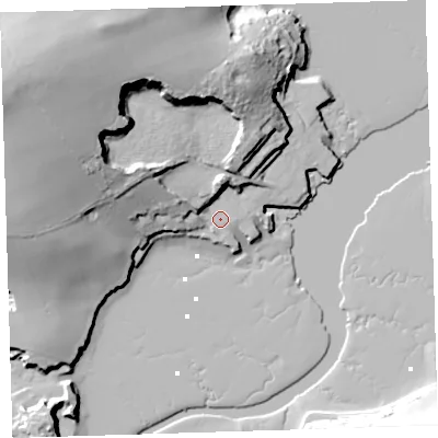 Shaded relief map of the ground around PL101HG, computed from Environment Agency LiDAR. The ground here sits at about 5 m above sea level and falls 43 m across the surrounding 800 m. Surface water reaching this point runs off ground lying to the north-west, 36.2 m higher.