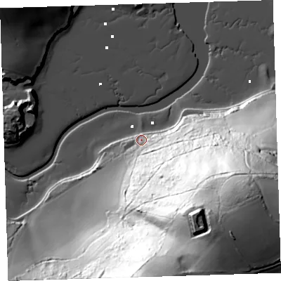 Shaded relief map of the ground around PL101HW, computed from Environment Agency LiDAR. The ground here sits at about 6 m above sea level and falls 112 m across the surrounding 800 m. Surface water reaching this point runs off ground lying to the south-south-east, 103.3 m higher.