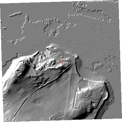 Shaded relief map of the ground around PL101HX, computed from Environment Agency LiDAR. The ground here sits at about 7 m above sea level and falls 29 m across the surrounding 800 m. Surface water reaching this point runs off ground lying to the south-south-west, 8.2 m higher.