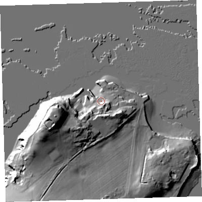 Shaded relief map of the ground around PL101HY, computed from Environment Agency LiDAR. The ground here sits at about 5 m above sea level and falls 29 m across the surrounding 800 m. Surface water reaching this point runs off ground lying to the south-west, 16.7 m higher.