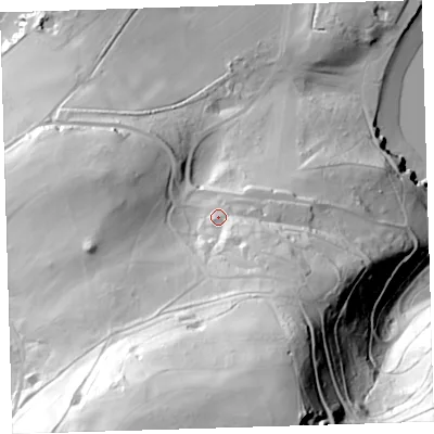 Shaded relief map of the ground around PL101HZ, computed from Environment Agency LiDAR. The ground here sits at about 44 m above sea level and falls 116 m across the surrounding 800 m. Surface water reaching this point runs off ground lying to the south, 69.5 m higher.