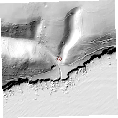 Shaded relief map of the ground around PL101JB, computed from Environment Agency LiDAR. The ground here sits at about 24 m above sea level and falls 111 m across the surrounding 800 m. Surface water reaching this point runs off ground lying to the north-west, 89.7 m higher.