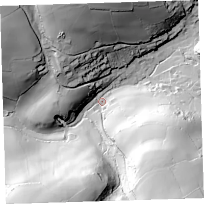 Shaded relief map of the ground around PL101JE, computed from Environment Agency LiDAR. The ground here sits at about 13 m above sea level and falls 95 m across the surrounding 800 m. Surface water reaching this point runs off ground lying to the south-west, 85.4 m higher.