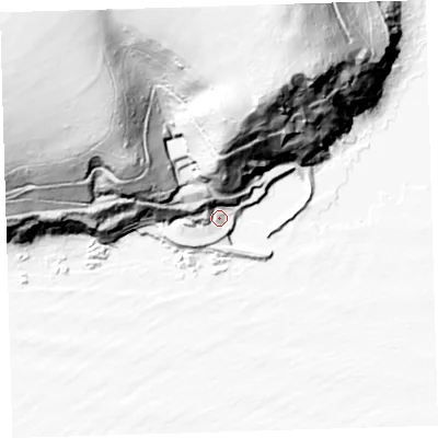 Shaded relief map of the ground around PL101JG, computed from Environment Agency LiDAR. The ground here sits at about 6 m above sea level and falls 110 m across the surrounding 800 m. Surface water reaching this point runs off ground lying to the north-west, 25.3 m higher.