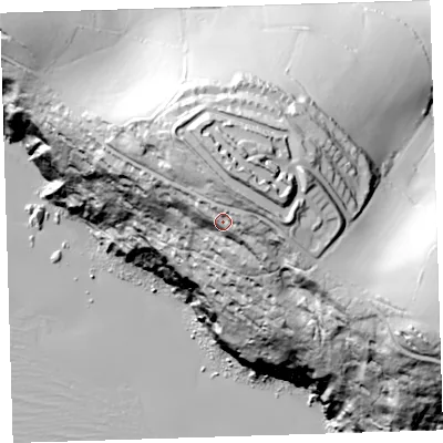 Shaded relief map of the ground around PL101JH, computed from Environment Agency LiDAR. The ground here sits at about 99 m above sea level and falls 127 m across the surrounding 800 m. Surface water reaching this point runs off ground lying to the north-east, 30.0 m higher.