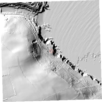 Shaded relief map of the ground around PL101LN, computed from Environment Agency LiDAR. The ground here sits at about 27 m above sea level and falls 124 m across the surrounding 800 m. Surface water reaching this point runs off ground lying to the south-south-west, 105.2 m higher.