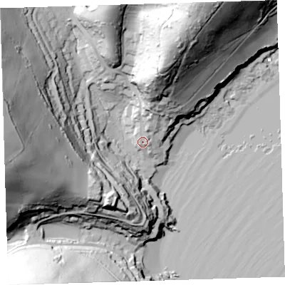 Shaded relief map of the ground around PL101NA, computed from Environment Agency LiDAR. The ground here sits at about 11 m above sea level and falls 96 m across the surrounding 800 m. Surface water reaching this point runs off ground lying to the north-north-east, 19.8 m higher.