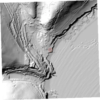 Shaded relief map of the ground around PL101ND, computed from Environment Agency LiDAR. The ground here sits at about 6 m above sea level and falls 89 m across the surrounding 800 m. Surface water reaching this point runs off ground lying to the north-west, 11.3 m higher.
