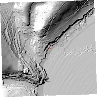 Shaded relief map of the ground around PL101NF, computed from Environment Agency LiDAR. The ground here sits at about 3 m above sea level and falls 85 m across the surrounding 800 m. Surface water reaching this point runs off ground lying to the north-north-west, 22.8 m higher.