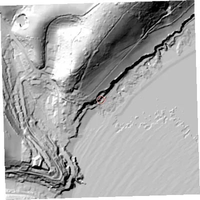 Shaded relief map of the ground around PL101NG, computed from Environment Agency LiDAR. The ground here sits at about 7 m above sea level and falls 92 m across the surrounding 800 m. Surface water reaching this point runs off ground lying to the north-west, 59.0 m higher.