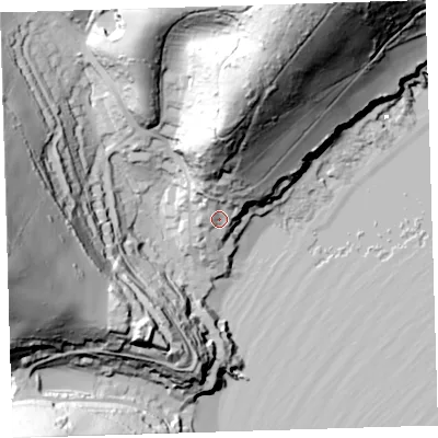 Shaded relief map of the ground around PL101NP, computed from Environment Agency LiDAR. The ground here sits at about 15 m above sea level and falls 88 m across the surrounding 800 m. Surface water reaching this point runs off ground lying to the north, 32.8 m higher.