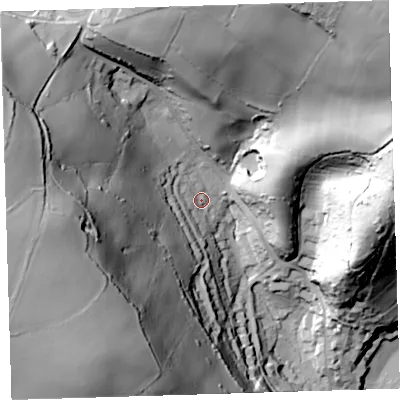 Shaded relief map of the ground around PL101NX, computed from Environment Agency LiDAR. The ground here sits at about 27 m above sea level and falls 115 m across the surrounding 800 m. Surface water reaching this point runs off ground lying to the west, 88.3 m higher.