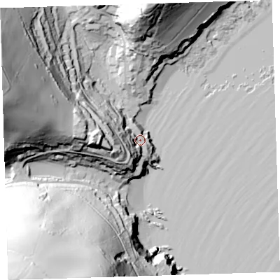 Shaded relief map of the ground around PL101PD, computed from Environment Agency LiDAR. The ground here sits at about 10 m above sea level and falls 97 m across the surrounding 800 m. Surface water reaching this point runs off ground lying to the west-south-west, 36.6 m higher.